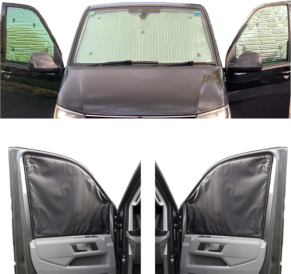 Sombrilla para Parabrisas Compatibles con Citroen Berlingo (2008-2018)(Set Completo + Portón Trasero con Ventana abatible) Color de Respaldo de Carbón, Reversible