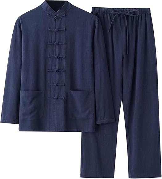 WAZHAKU Pijama largo para hombre, chándal para el tiempo libre, pantalones de jogging + camiseta con botones, juego de un solo color, informal, Kung Fu, con pantalones, traje de ocio
