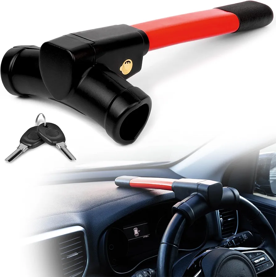 GADLANE Bloqueo de volante rojo con barra en T, dispositivo antirrobo de alta visibilidad, bloqueo de dirección de automóvil, seguridad adecuada para coche, furgoneta y caravana, 2 llaves, volante de