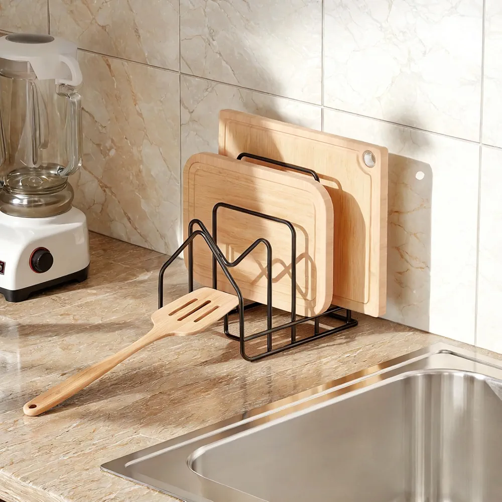 PAVSTINE Soporte Bandejas Cocina con 4 Compartimentos, Organizador Tapas Ollas, Organizador Cajones Cocina para Tapa de Cacerola de 16-34 cm, Separador de Platos, Negro