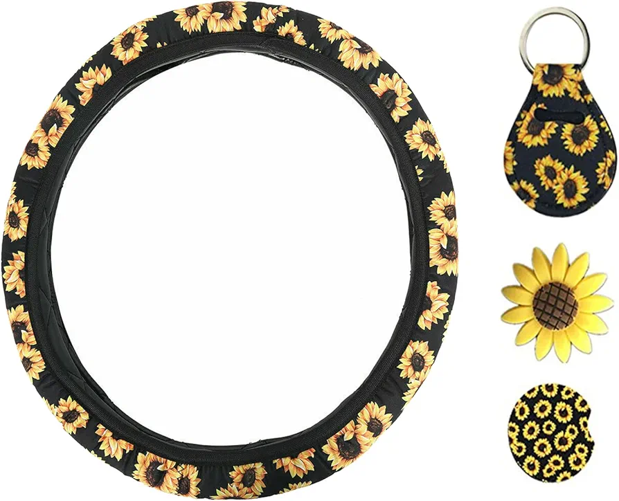 Cubiertas de Volante de Girasol con Bono Girasoles Llavero de Cuarto de galón, Posavasos de Copas de Girasol y ventilación de automóvil, Accesorios de Girasol