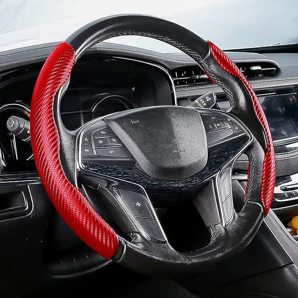 Funda Volante Universales Coche, 2 Fundas para Volante de Coche, Decoración Interior, Accesorio para El Volante, de Fibra de Carbono, Antideslizantes, Ultraligeras (Rojo)