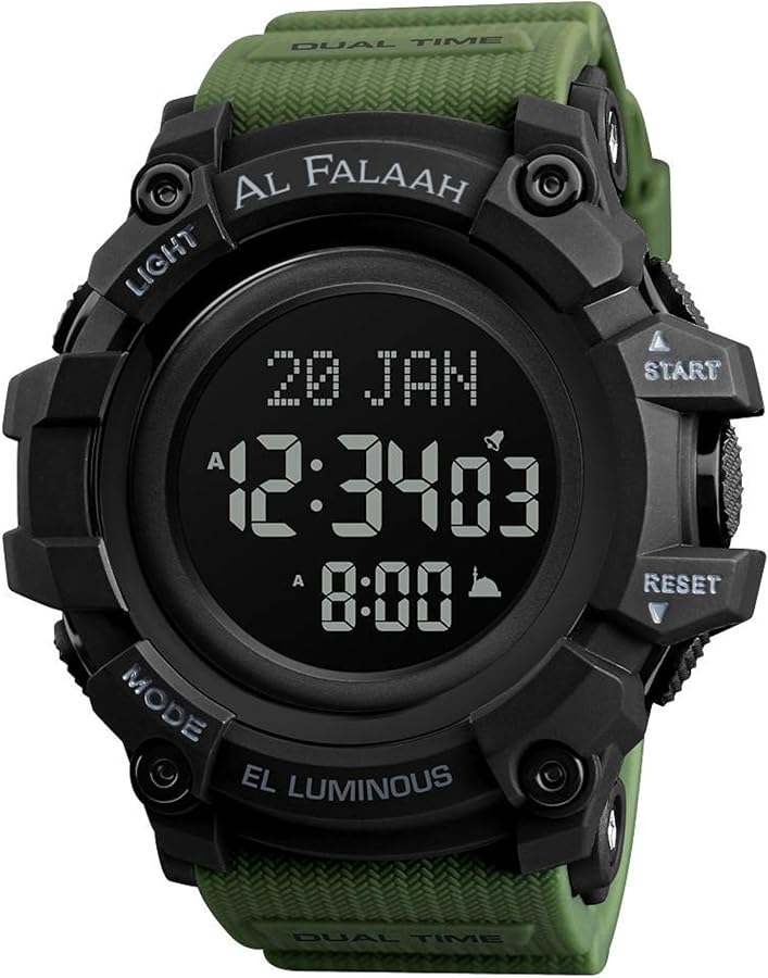 Reloj con Horas de Oración para Hombre Musulmán. Pitido en la Plaza de l'Azan. Deportiva y resistente, pulsera verde, esfera negra de 55 mm., Negro / Army Green, correa