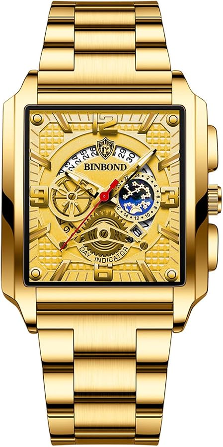 JewelryWe Reloj de Oro para Hombre, Reloj Redondo Analógico de Cuarzo, Correa de Acero Inoxidable, Manecillas Luminosas, Esfera Decorada Mecánica, Esfera Decorada con Dragón Chino