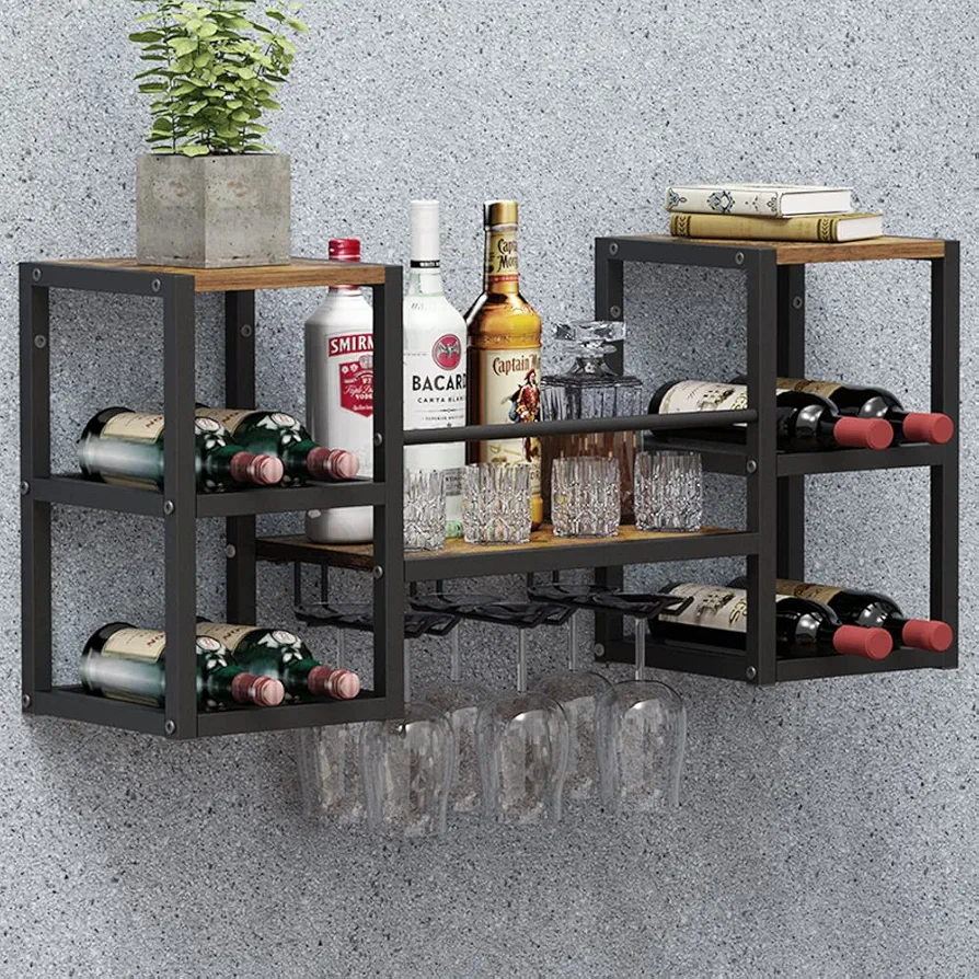 VEDECASA Botellero de pared industrial con 3 soportes para vasos de vapor, estante de madera parcial, soporte para botellas de metal, color negro, multifuncional, parte de vino, comedor, cocina