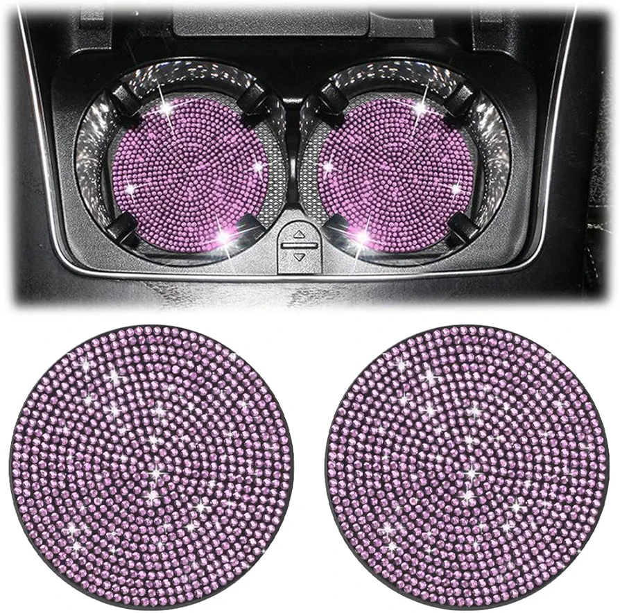 CGEAMDY 2 Posavasos de Coche Antideslizante, Brillante Posavasos de Insertar Portavasos, con Cristal de Diamantes de imitación, Estera para Tazas de Coche, Accesorios Interiores Universal (Rosa)