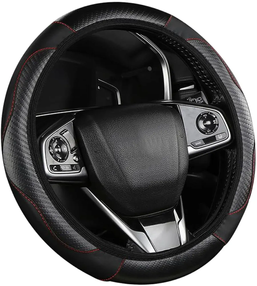 Funda Volante Coche Universal,Cubre Volante Coche de Cuero PU de Fibra de Carbono para la Protección del Volante,Accesorios Coche Interior Protector Volante Coche de 37-38cm (Negro)