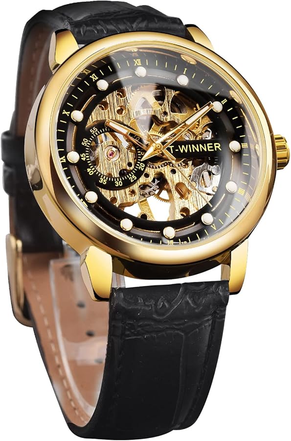 Reloj automático para hombre, mecánico, cuerda automática, impermeable, de lujo, con números romanos, esfera de piel auténtica, relojes de pulsera, negro, Correa
