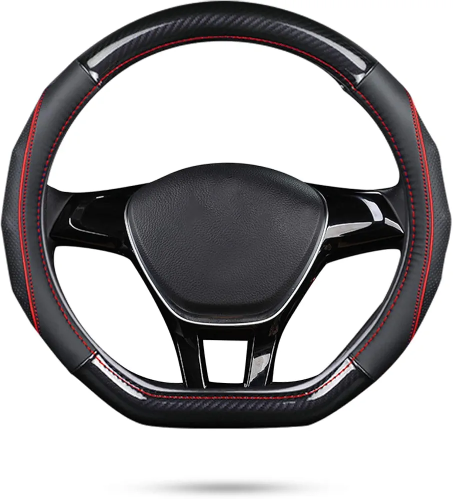 Ergocar Funda Volante De Coche Antideslizante Volante De Coche Protector Forma De D Fibra de Carbono & Piel de Vaca de Primera Capa para Diámetro 38cm (15 ") (D-Negro-Rojo)