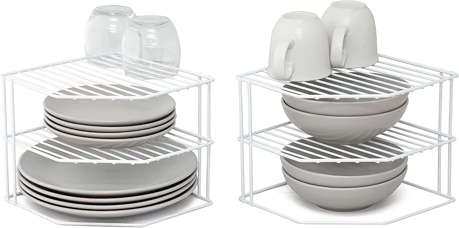 simplywire – Soportes para vajilla de 3 niveles – Paquete de 2 organizadores de armarios de cocina – Blanco