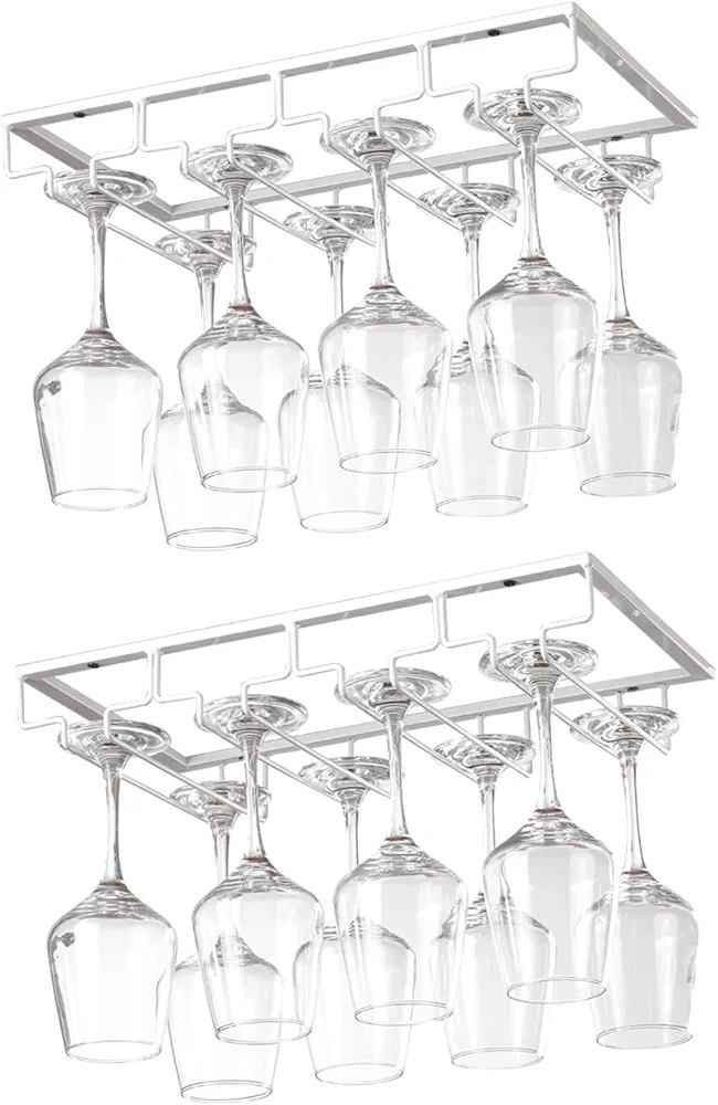 YunNasi 2 Piezas 4 Filas Soportes para Copas de Vino de Metal Organizador Mantener los Vasos Secos Debajo del Gabinete con Tornillos para Bar Restaurante Cocina, Blanco