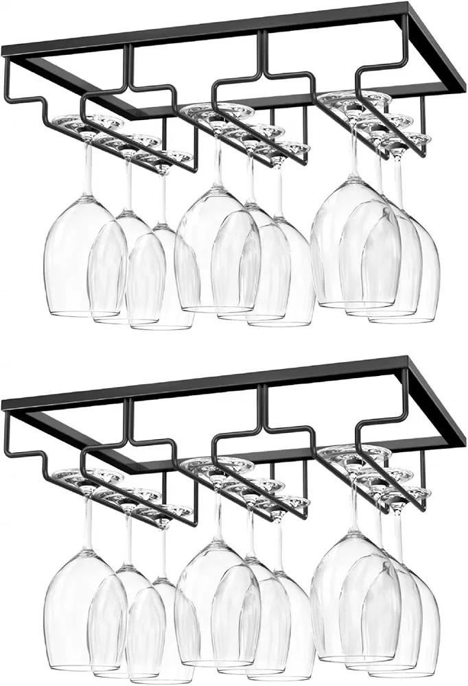 Nuovoware [2PZS Soporte para Copas de Vino, Soporte para Colgar Copas de Vino Debajo del Gabinete para Cocina, Bar, Pub, Vidrio, Dorado, Almacenamiento para Gabinete de Cocina (3 Filas) - Negro