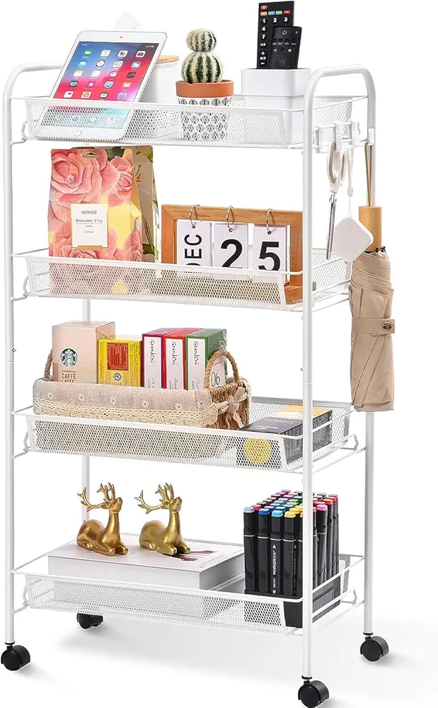 Urackify Carrito rodante de 4 niveles con ruedas, carrito de almacenamiento móvil fácil de montar, pequeño organizador de carrito rodante para cocina, baño, lavandería, color blanco