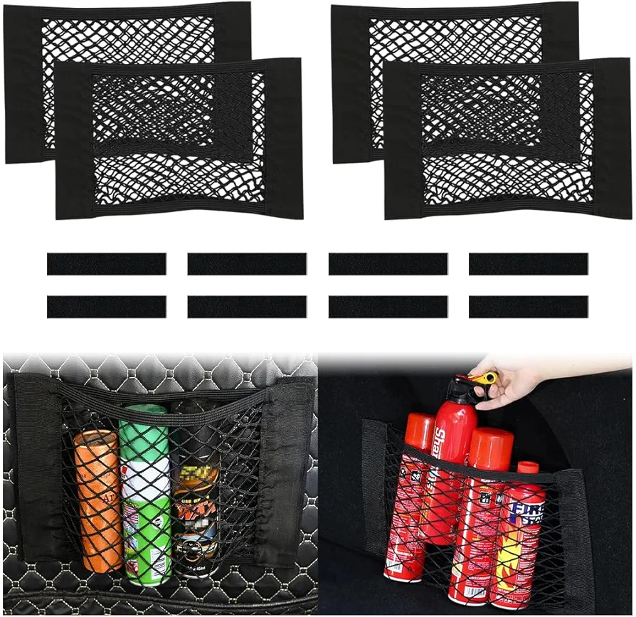 CGEAMDY Red de Bolsa Maletero de Coche, 4 PCS Organizador Almacenamiento Tronco de Coche con mágicas Pegatinas, Botellas Comestibles Malla Elastica Bolsillo para Baul de Automóvile (40x25cm)