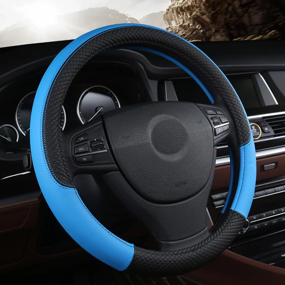 TOEECY Funda Volante Coche Cuero Colores Contrastantes Deportes Funda Volante 38 CM Universal Elástica Protector Interior Volante Accesorios de Decoración Azul