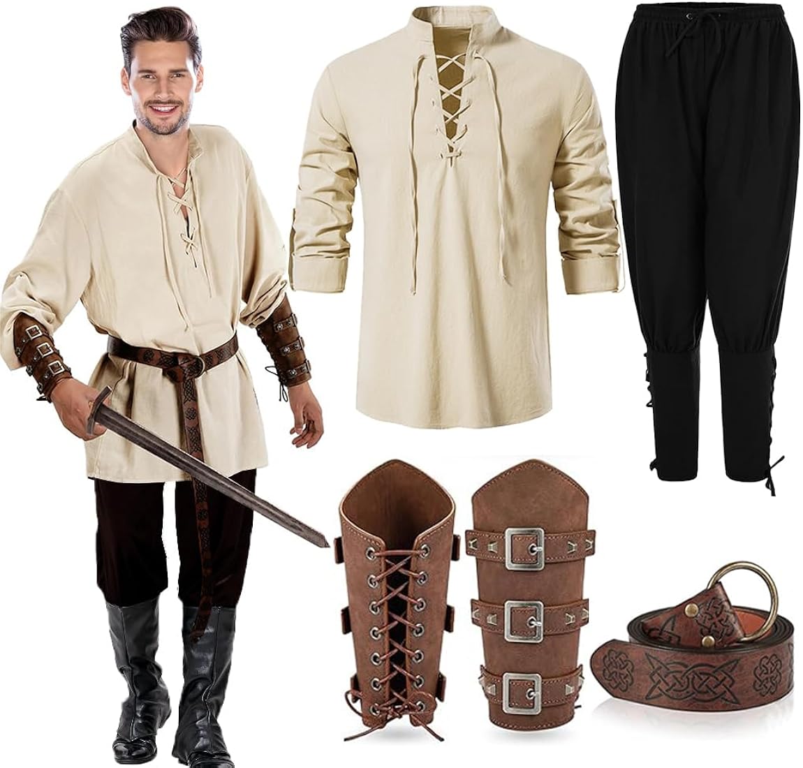 RANJIMA Juego de disfraz medieval para hombre, disfraz renacentista con cinturón, protector de muñeca, camisa de lino para hombre, camisa y pantalones, disfraz victoriano vikingo para carnaval
