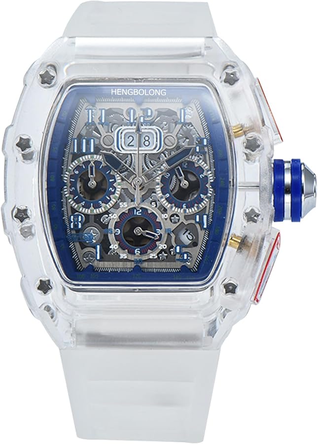RORIOS Reloj de Pulsera Moda para Hombres Reloj Transparente Tonneau Relojes Deportivo Analógico Cuarzo Reloj Multifuncional Cronógrafo