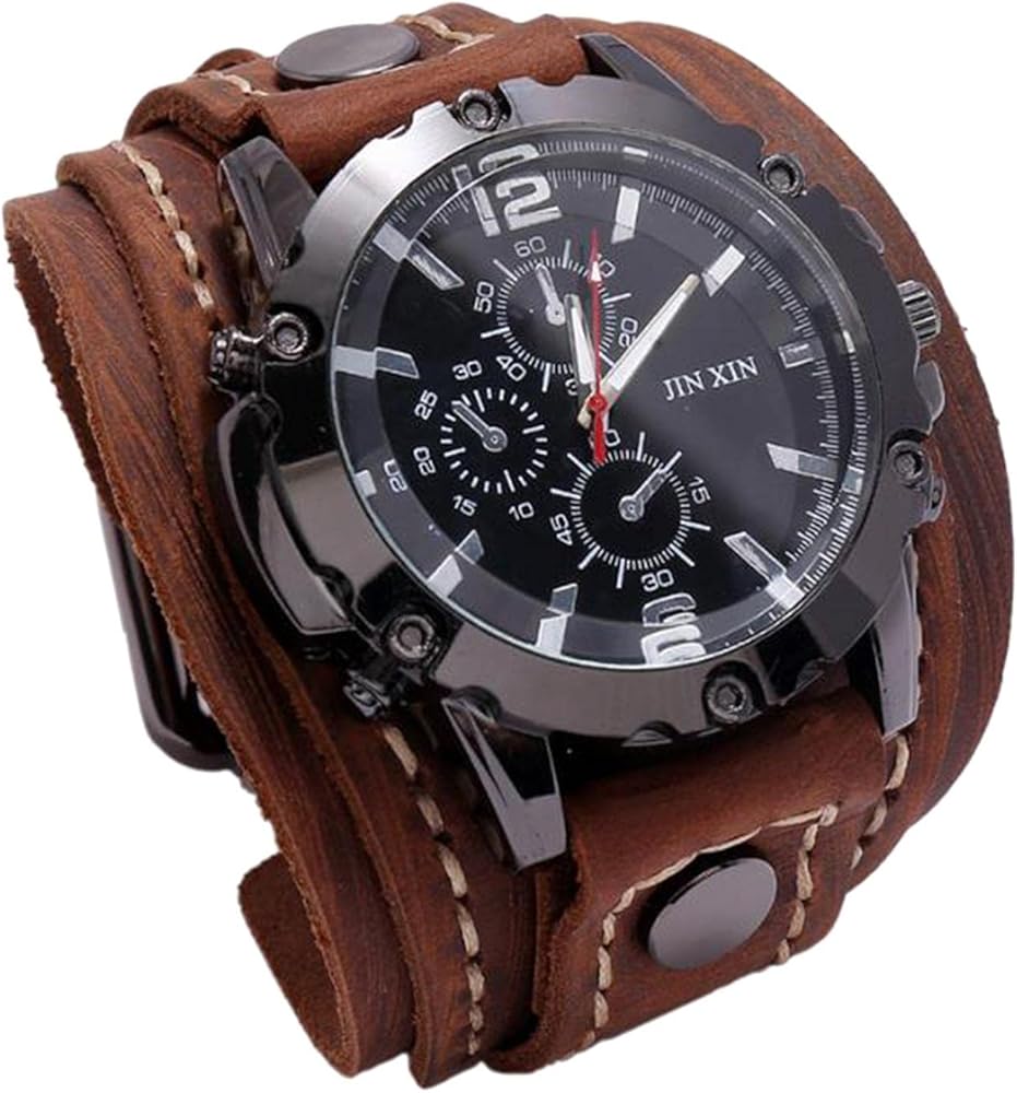 Milageto Reloj de Pulsera de Estilo Punky de Hip Hop, Relojes de Cuarzo con Correa Ancha de Cuero PU, Pulsera de Reloj para Hombre