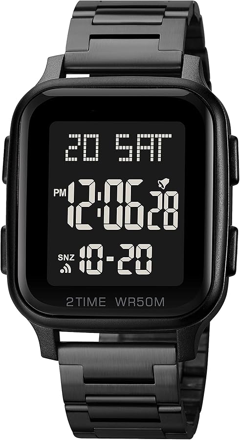 Reloj digital para hombre de acero inoxidable, resistente al agua, 5 ATM, reloj digital multifunción, con despertador, cronómetro, calendario, LED, doble hora, carcasa angular, Negro2, Pulsera