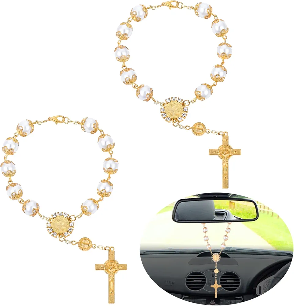 Cobee Rosario de Coche para Espejo retrovisor, 2 Piezas de Espejo de Coche Colgante de Cruz para Espejo retrovisor, Colgante de Coche, Accesorios para Colgar en el Coche(Dorado)