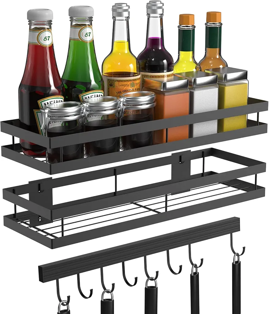 2 Piezas Especiero Cocina Pared con Estante de Cocina sin Taladrar, con 8 Ganchos, FISHOAKY organizador especias, Aluminio, para Cocina Baño y Hogar