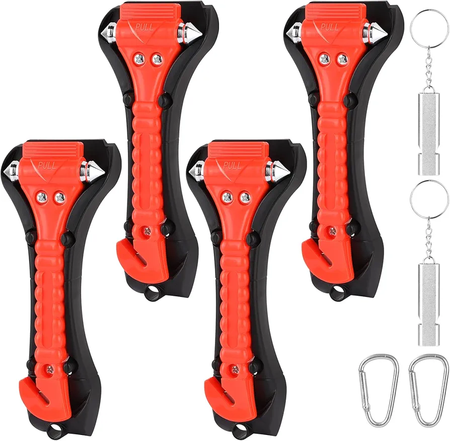URAQT 2 en 1 Martillo de Seguridad Coche, 4 PCS Martillo de Emergencia para Coche, Kit Emergencia Coche con 2 Silbato y 2 mosquetón para Cortar Cinturón de Seguridad y Romper Ventana de Automóvil.
