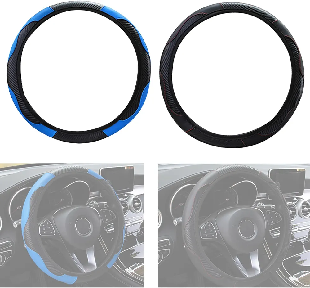BSITSSS 2 PCS Funda Volante Coche, Cubierta de Volante Coche Universal, Funda de Volante de Coche Antideslizante para Vehículos Accesorios de Volante 37-38 cm Diámetro (Negro, Azul)