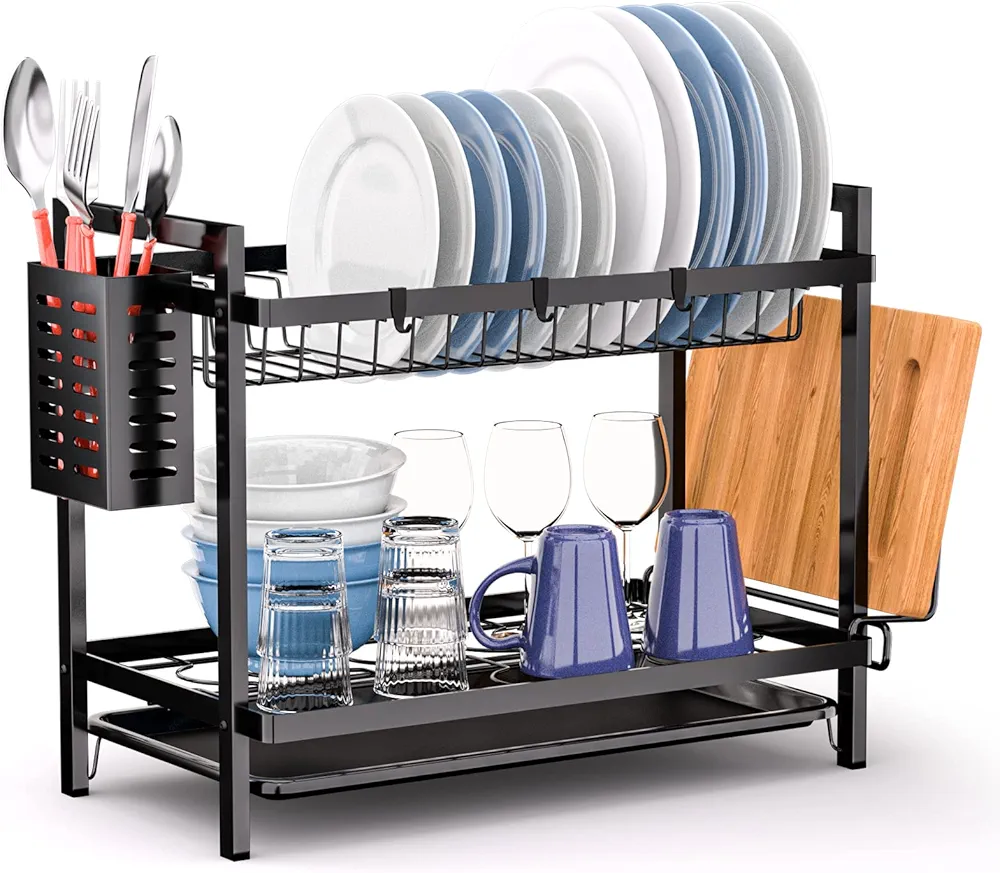 Dreamhigh® Escurreplatos Acero Inoxidable Grande 2 Pisos, Escurridor de Platos para Fregadero con Bandejas de Goteo,Soporte de Cubiertos, Soporte de Vaso, Apto para Familia de 4-6 Personas
