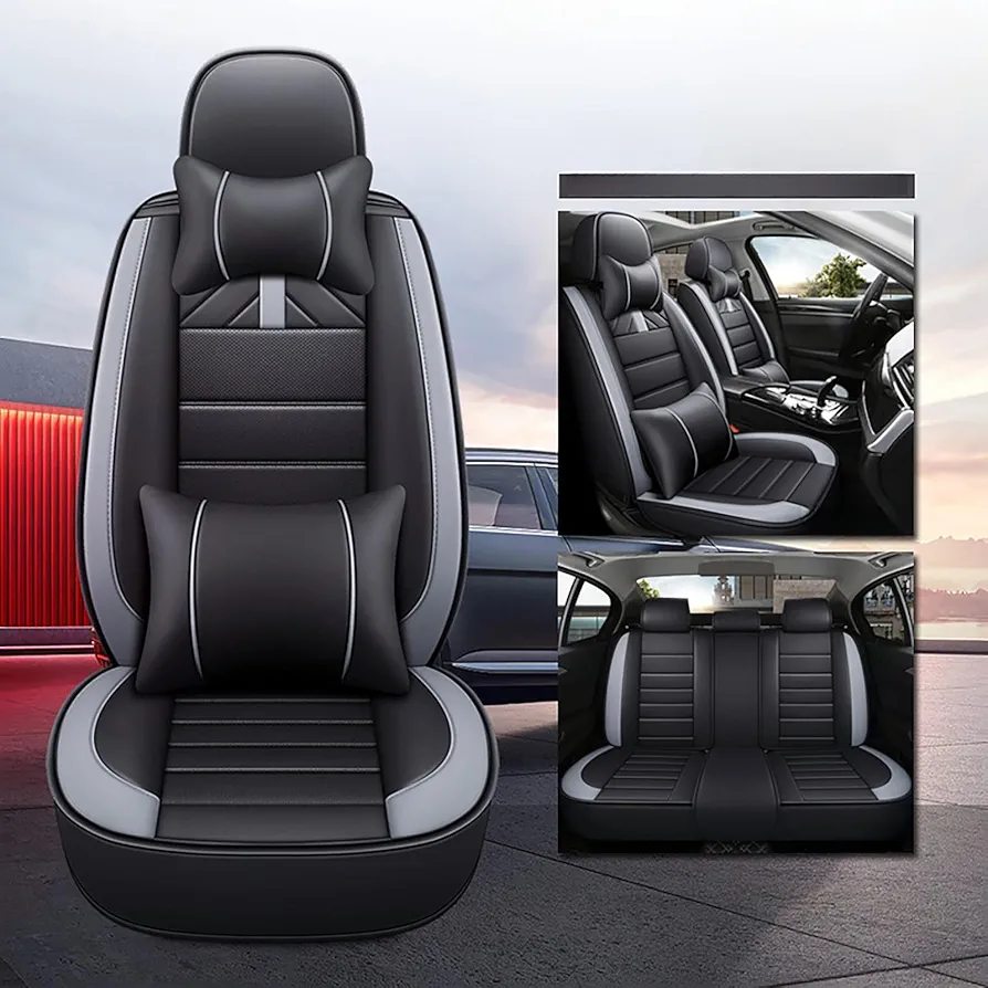 NOBQUA Fundas Asientos Coche Universales, Funda Asiento Coche Cuero para 5 Plazas, Fundas para Asientos de Coche Delanteros y Traseros, Accesorios Interior Universal para Sedán SUV Camioneta