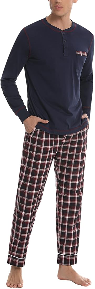 Litherday Pijama Hombre Invierno Algodón Conjunto de Pijama Manga Larga Pijamas Hombre Largo Ropa de Dormir para Hombre con Top y Pantalones 2 Piezas con Bolsillos S-XXL