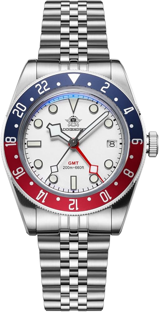 ADDIESDIVE GMT Relojes de hombre Movimiento de cuarzo suizo Diver 200M impermeable Multicolor Esfera luminiscente