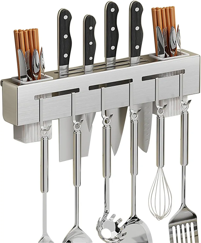 VBNZBK Utensilios de Cocina Acero Inoxidable, Soporte Utensilios Cocina, Colgador Utensilios Cocina Con 6 Ganchos Extraíbles, Adecuado para Restaurantes, Hogares, Hoteles (Plata)