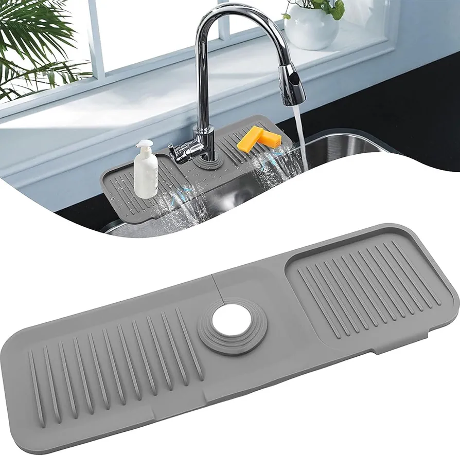 Wonjean Alfombrilla de Grifo de Cocina, Protector de Salpicaduras de Fregadero, Alfombrilla Absorbente De Grifo De Cocina Tapete de Silicona con Drenaje, para Encimeras de Cocina RV y Baño Gris