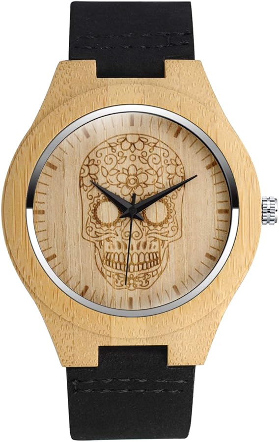 MicLee Relojes de pulsera para hombre y mujer, reloj de madera de bambú, reloj de madera con patrón de calavera, con correa de cuero, reloj de cuarzo de madera natural, reloj decorativo casual,