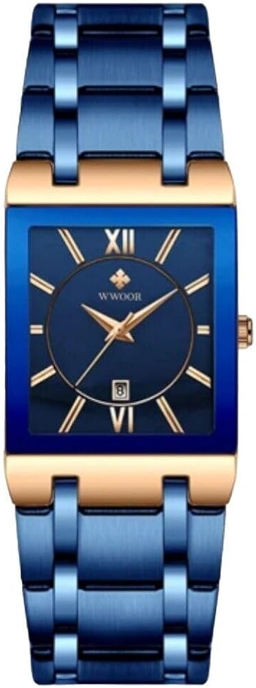 Kara Nicole Reloj cuadrado de acero inoxidable para hombre, color azul y oro rosa con fecha, impermeable, analógico, cuarzo, de lujo, a la moda, de negocios, casual, azul, Pulsera