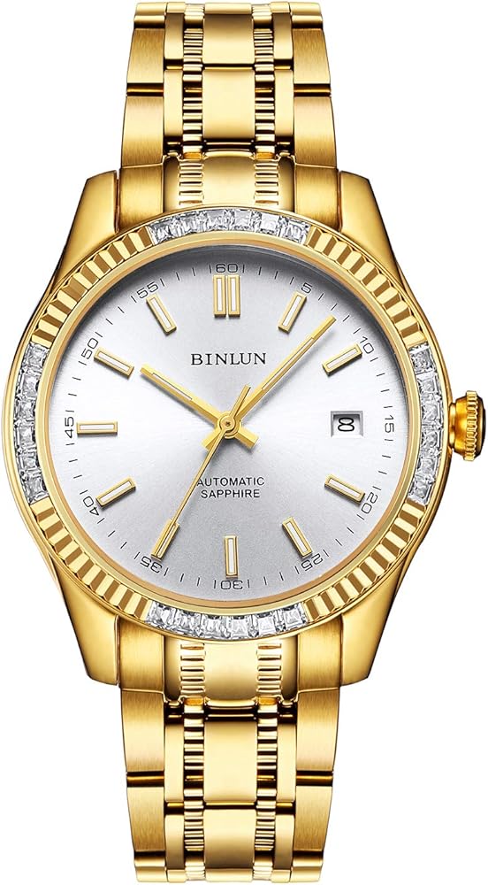 BINLUN Reloj para Hombre Relojes Mecánicos Automáticos Chapados en Oro de 18 Quilates para Hombres Reloj de Pulsera de Negocios de Acero Inoxidable Resistente al Agua con Fecha