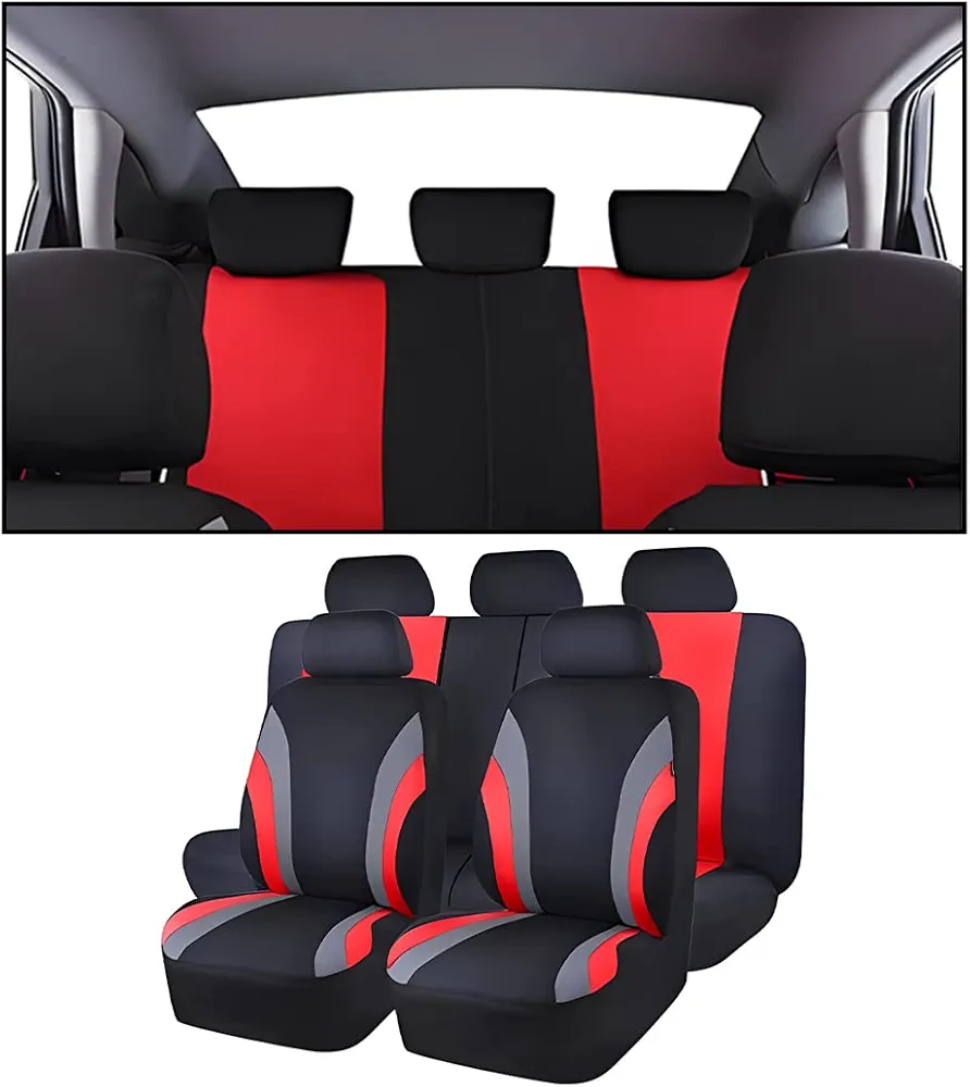 Adunsiaoto 9 Piezas Juego Completo Fundas para Asiento y Reposacabezas de Coche, Fundas para Asientos Delanteros y Traseros, Impermeable, Coche Accesorios Interior para Mujer y Hombre(Rojo)