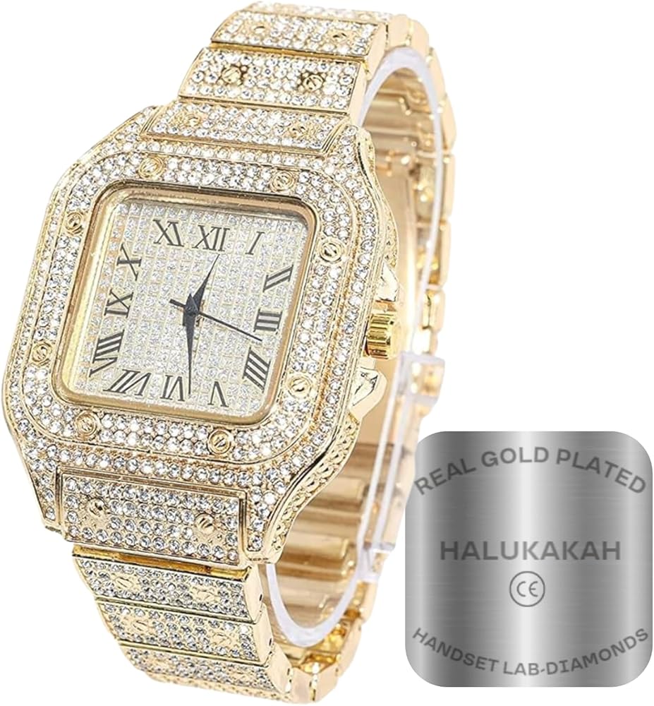 HALUKAKAH Reloj de Oro con Diamantes,Hombre Chapado en Oro de 18 Quilates/Oro Rosa/Rodio Negro/Oro Blanco Chapado en Platino 40MM Ancho Esfera Cuadrada Cuarzo con Cadena de Cubanos Collar Pulsera