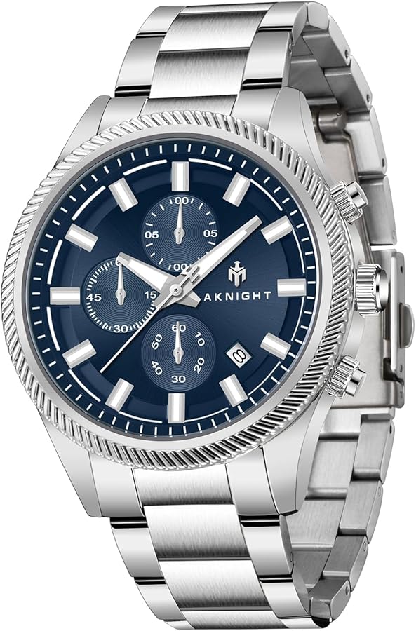 AKNIGHT Reloj de pulsera para hombre, cronógrafo, acero inoxidable, resistente al agua, pantalla de fecha, reloj de cuarzo analógico, moderno, informal, vestido de negocios, relojes de pulsera para