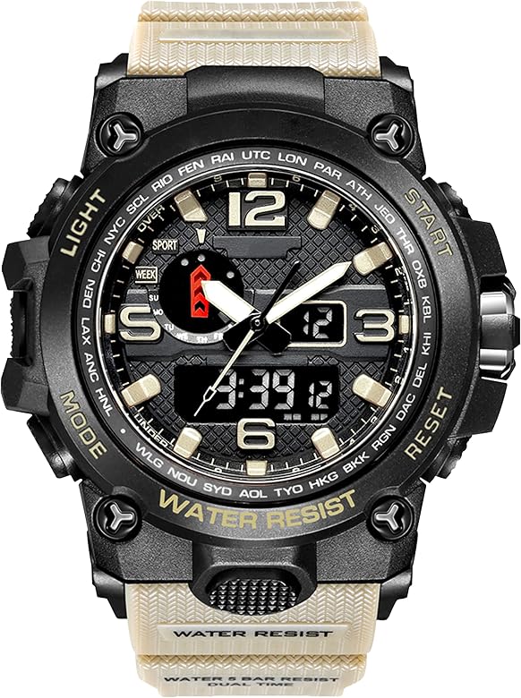 kieyeeno Hombre Reloj Digital Deportivo, Sumergible a 5 ATM Reloj de Pulsera Reloj Pulsera, Táctico Reloj Militar Multifuncional para Hombre Beige