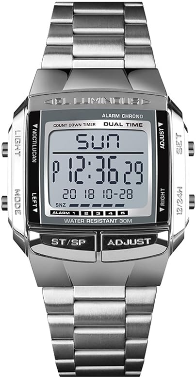 ROSEBEAR Reloj Digital de Cuarzo para Hombre,Reloj Digital de Negocios para Hombre Resistente al Agua de 30 m LED Luminous Dual Time Men's es Reloj electrónico Pulsera de Acero Inoxidable