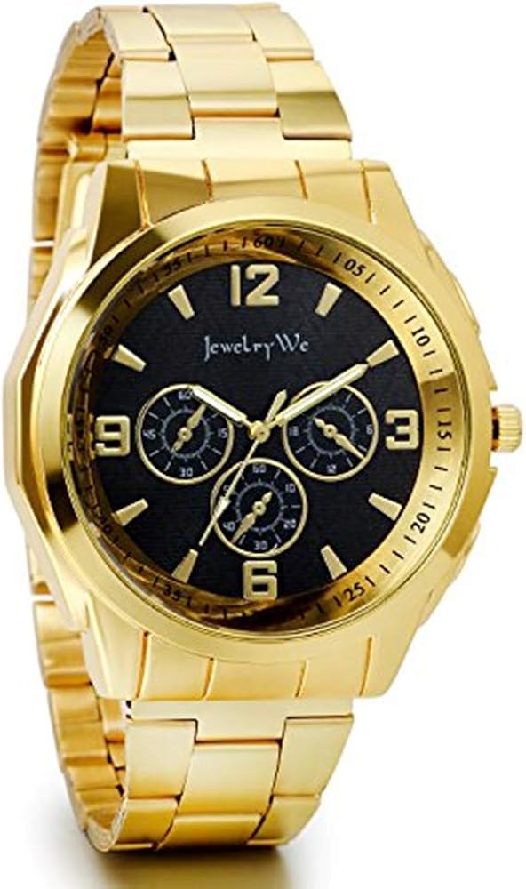 JewelryWe Reloj Dorado de Esfera Negra, Reloj de Caballero Cuarzo, 3 Ojos de decoración, Reloj de Hombre Acero Inoxidable