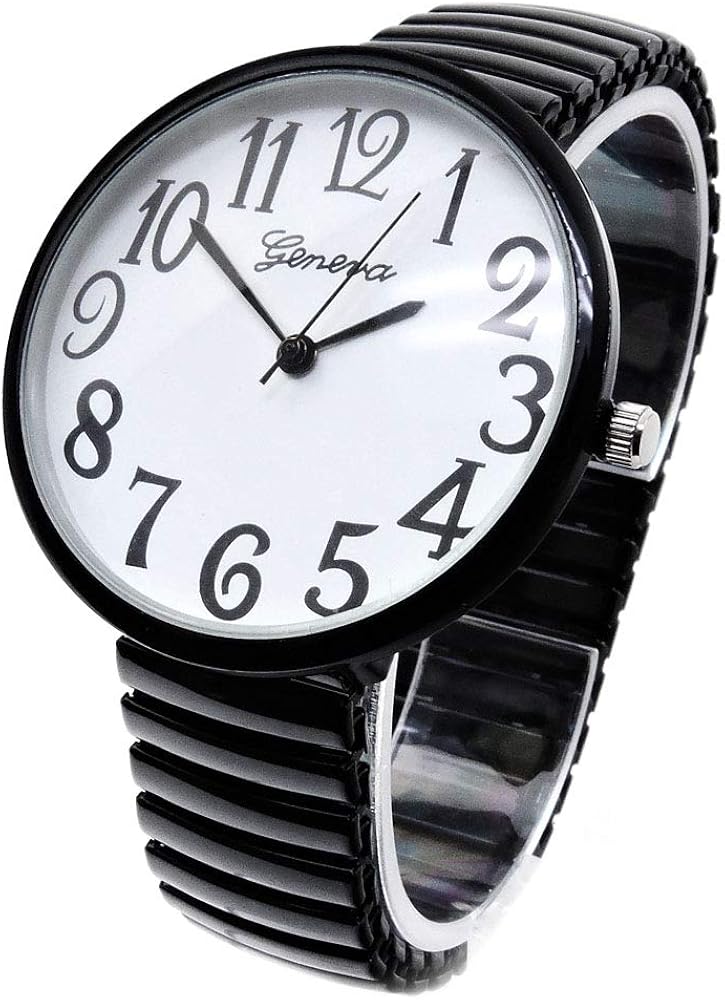 Reloj negro con correa elástica de esfera súper grande fácil de leer, negro, pulsera