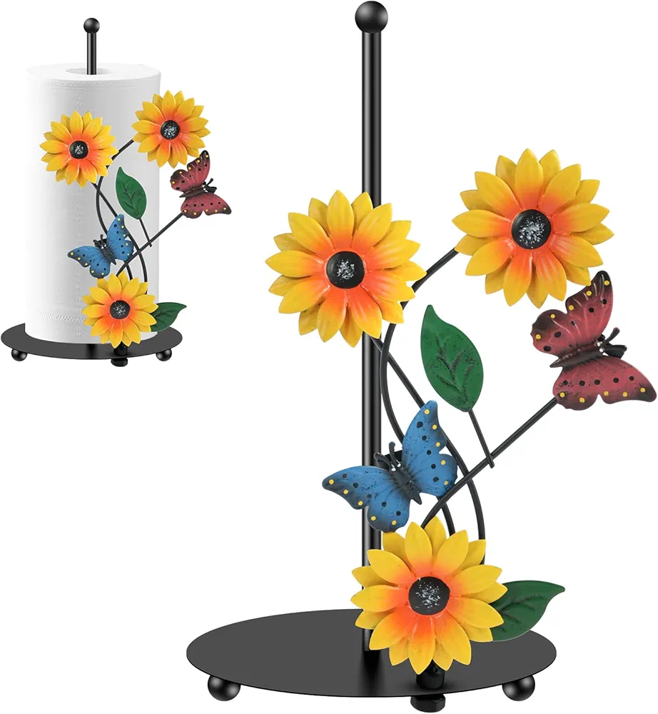 Soporte para rollo de cocina con diseño de girasol, soporte para toallas de papel, color negro, de metal, antideslizante, organizador de encimera, vintage, decoración del hogar (mariposa)