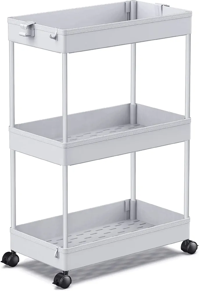 SPACEKEEPER Carro de Almacenamiento de 3 Niveles, estantería móvil, Carro de Utilidad Deslizante, Multiusos para baño, lavandería, Dormitorio, Oficina, Lugares Estrechos, Gris