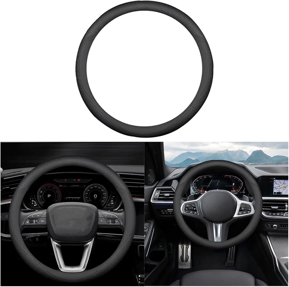 Adunsiaoto Antideslizante Cubierta Volante Coche, Nappa Cuero Perforado Empalmado Volante del Automóvil Cubierta Goma Anillo Interior, Funda De Timón De Coche con Última Generación(Negro)