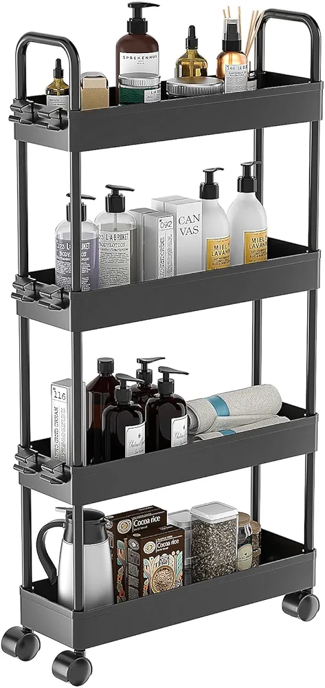 Carastek Carro de Almacenamiento de 4 Niveles Carrito Estrecho de Almacenamiento, Carrito Cocina Plástico con Ruedas Ahorra Espacio Multiusos Carrito de Utilidad para Espacio Estrecho 40 x 13 x 92 cm