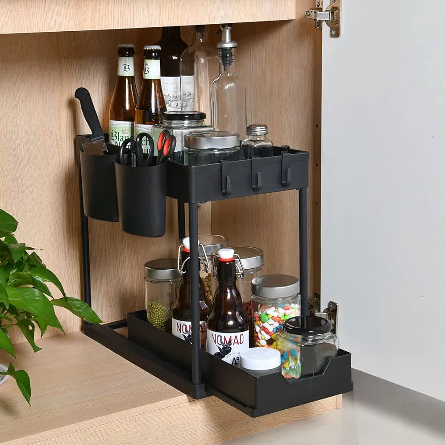 AUAUY Organizador bajo Fregadero, 2 Niveles Organizador Cocina Almacenamiento y con 4 Ganchos, 2 Tazas Colgantes. Estanteria Cajon ExtraíBle para Cocina BañO, Negro