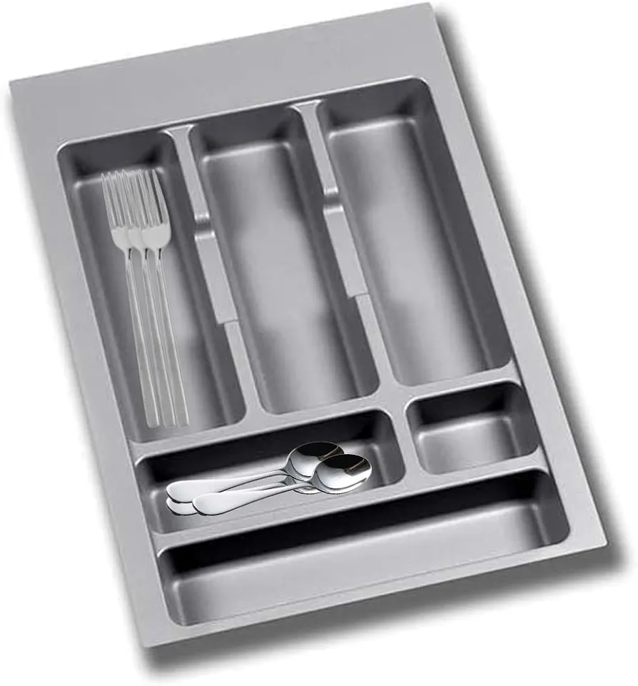 Avilia Organizador de cajones de cocina para cubiertos y utensilios, ajustable, de plástico gris, 48 x 34 cm, bandeja para cubiertos, apto para cajones de 40 cm