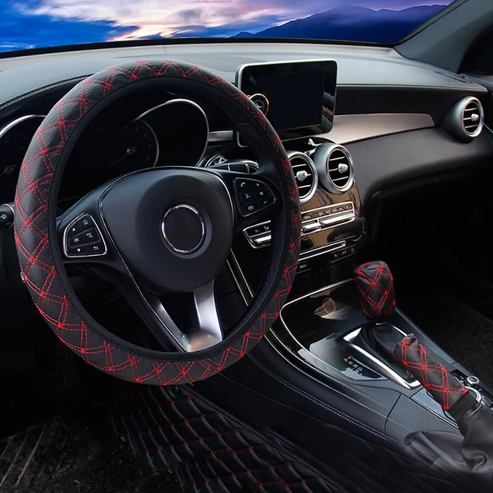 TOEECY 3PCS Funda Volante Coche Cuero Freno de Mano Y Cambio de Marchas Traje 37-38cm Universal Elástica Antideslizante Transpirable Accesorios Coches Interior Decoracion Rojo